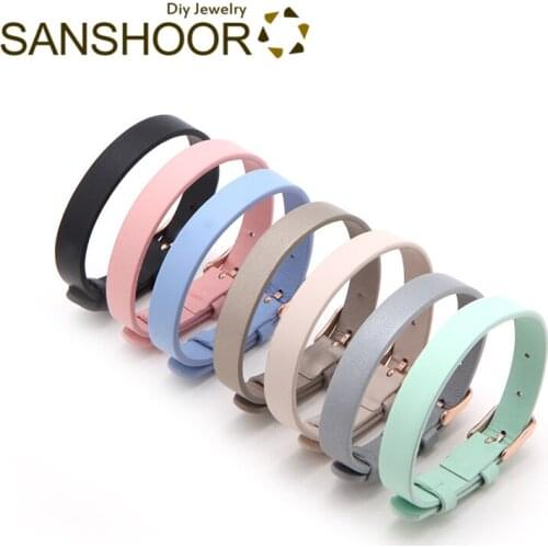 SANSHOOR Single Genuine Leather Band Bracelet For Women 21cm Length Fit DIY Keeper Slide Charms Collection Wristband Belts 2Pcs