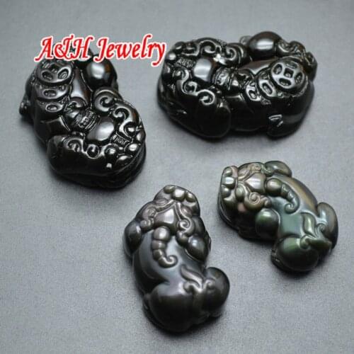 2pcs High Quality Natural Semi-precious Stone Black Obsidian Fine Carved Chinese Pixiu Pendant For Bracelet Making Materials