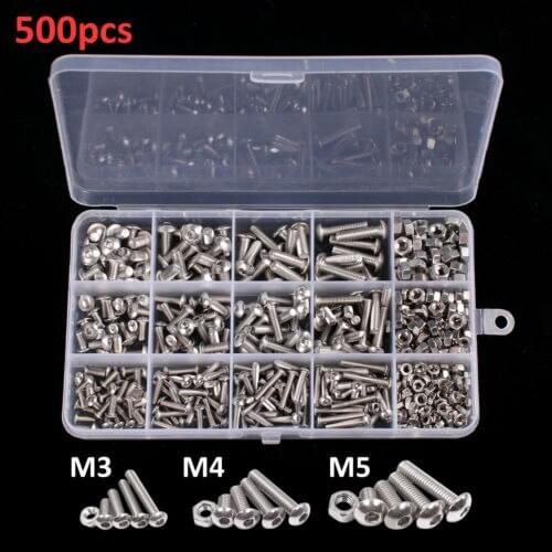 High quality 500 Pcs M3 M4 M5 Stainless Steel Button Head Hex Socket Head Cap Bolts Machine Screw and Nut Kit with wrench