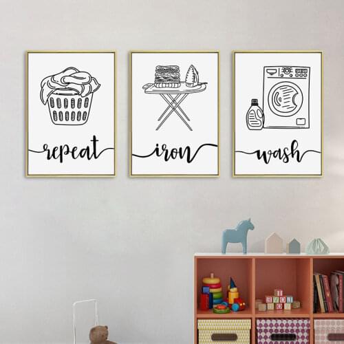 Abstract Laundry Room Wall Art Prints Black and White Picture Bathroom Decorative Poster Dry Wash Repeat Sign Canvas Painting