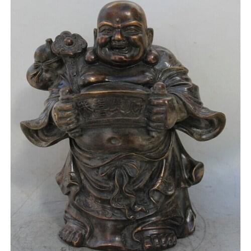 Fast shipping USPS to USA S2410 16" China Bronze Stand Ru Yi cucurbit Wealth Happy Laugh Maitreya Buddha Statue