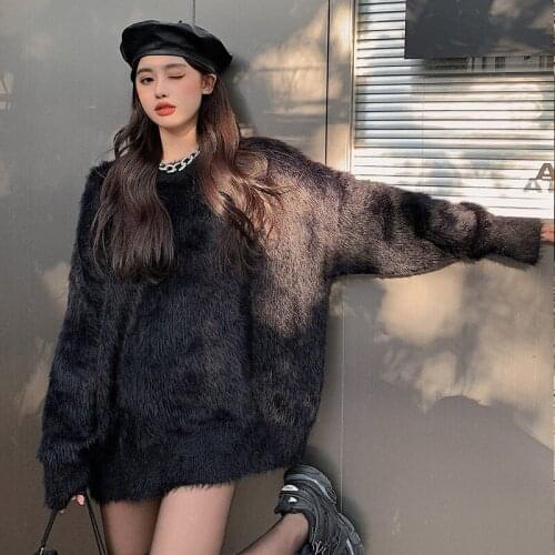 Black Knitted Sweater Women Autumn Winter Thick Warm Mohair Sweaters Knit Tops O-Neck Long Sleeve Fashion Loose Pullovers Female