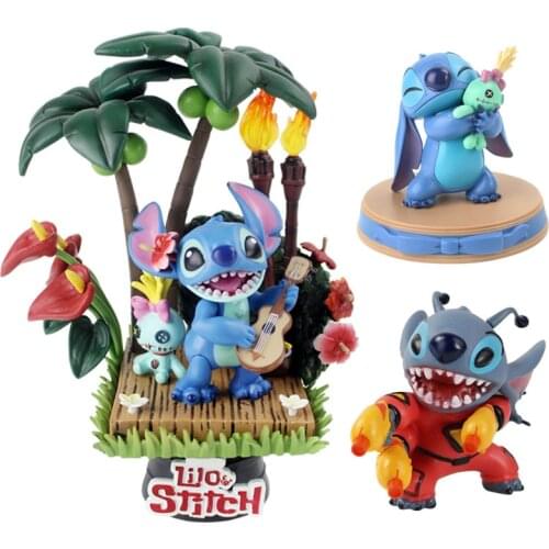 11-15cm Cartoon Lilo & Stitch Hug Scrump Holiday Time D-Select 004 Playing the Guitar in Red Cloth PVC Action Figure Model Toys