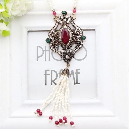 Exquisite Turkish Long Bead Necklace Bride Jewelry Tassel Necklace Women Flower Antique Gold Color Resin Sweater Necklace Gift