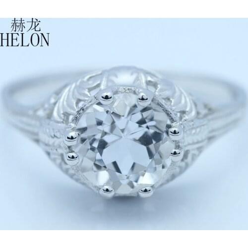 HELON Solid 10k White Gold Art Nouveau 8mm Round White Topaz Gemstone Ring Vintage Style Cocktail Engagement Wedding Women Ring