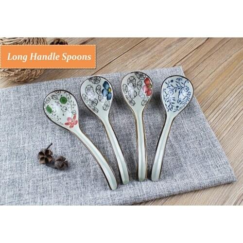 4pc Japanese-style Long Handle Ceramic Spoon Childrens Rice Spoon Kitchen Tableware Stir Spoon Soup Spoon