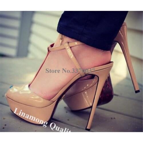 Linamong Sexy Peep Toe Nude Patent Leather High Platform Stiletto Heel Sandals T-straps Cross Super High Heels Dress Shoes