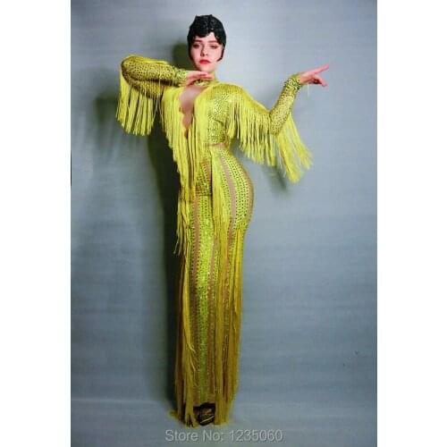 Fashion Yellow Fringes Rhinestones Dress Lady Evening Party Sexy Long Dress Prom Birthday Celebrate Stretch Tassel Dresses