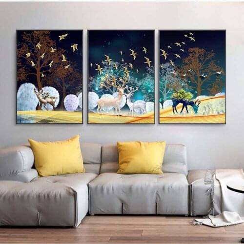 Nordic Forest Deer Animals and Birds Landscape Canvas Painting Poster Decorative Wall Art Picture Living Room Home Decor