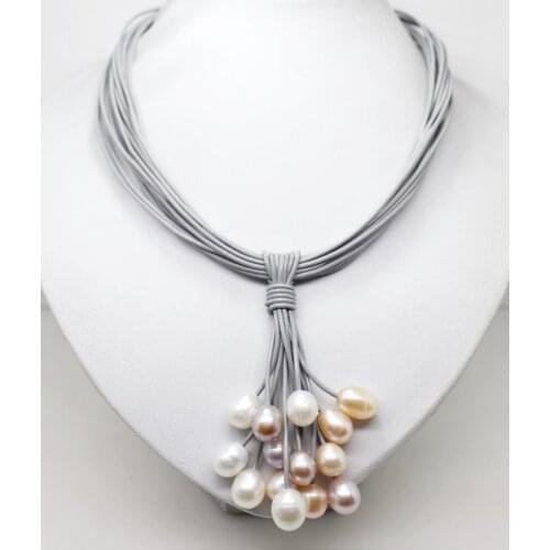 NEW 10-11mm Real White Pink Purple Freshwater Pearl Pendant Necklace Leather Cord Magnet Clasp Fashion Jewelry