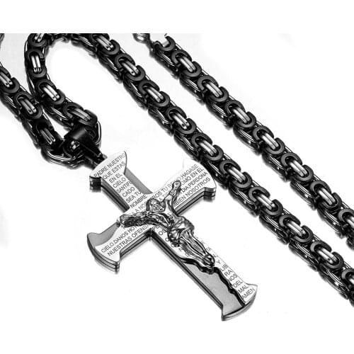 Charming Cross Pendant Necklace for Fashion Rock Men Boy 316L Stainless Steel Byzantine Box Chain Jewelry