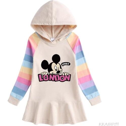 Disney Mickey Autumn princess Girls Hooded Dress Cartoon Baby Cotton Hooded sweater Casual Dresses