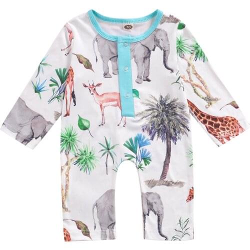 FOCUSNORM 0-24M Autumn Baby Girls Boys Jumpsuits Animal Forest Printed Long Sleeve Button Jumpsuits