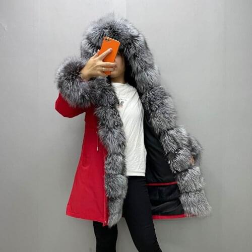 Winter Womens Warm Real Fur Parka Fox Fur Collar Hooded Real Rabbit Fur Lining Winter Coat Hooded Winter Fur Jacket High Quality