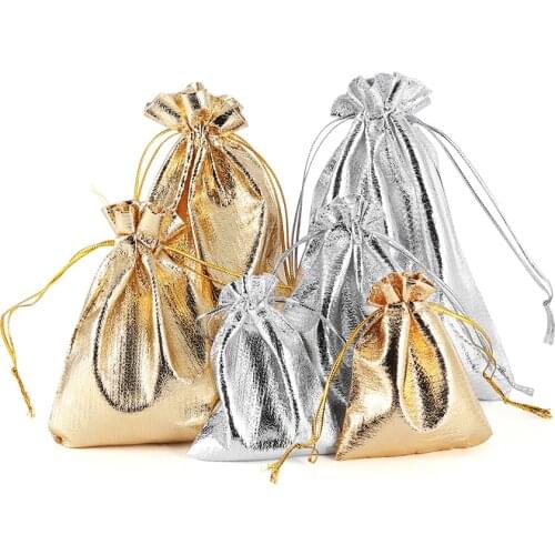 25Pcs/Bag 5x7cm 7x9cm 9x12cm 11x16cm Adjustable Jewelry Packing Gold Silver Color Drawstring Pocket Wedding Gift Bags & Pouches