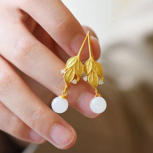 S925 Sterling Silver Leaf Earrings Vintage Court Natural Hetian Jade round Beads Twig Earrings Simple Fashion Accessories Women