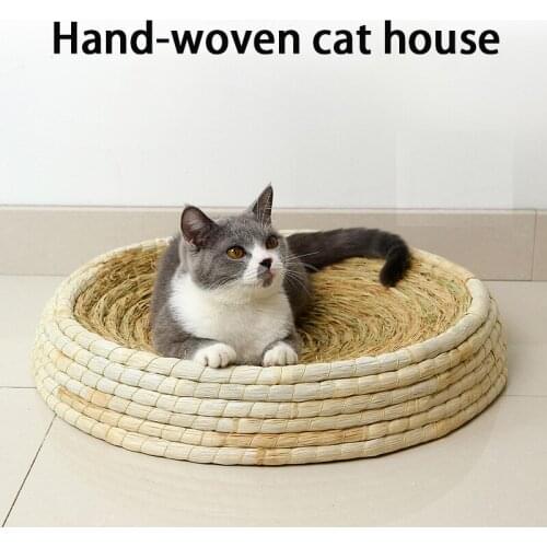 Handmade straw woven cat house round cat scratcher four seasons universal straw cat bed for cat wear-resistant cat toy cat sofa