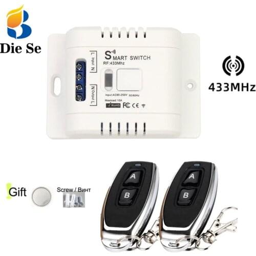 433Mhz RF Universal Remote Control AC 90~220V 10A 1 Channel Wireless Relay Receiver and 2 Buttons Transmitter for LED Light Lamp