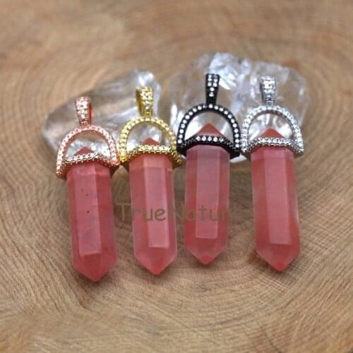 Cherry Quartz Double Terminated Pendant Zircon Beads Paved Crystal Quartz Pencil Point Jewelry Pendant In 45*10 mm PM7395