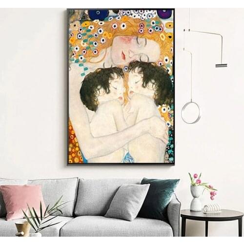 Famous Posters and Print Mother Love Twins Baby By Gustav Klimt Canvas Painting figures Wall Art Picture Aesthetic Room Decor