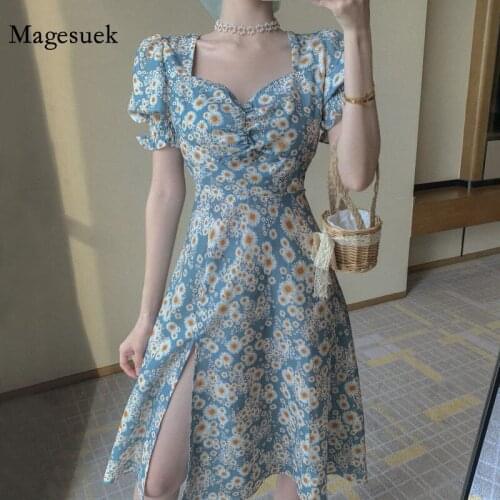 French Style Floral Summer Dress Women New Korean Oversize Print Dress Puff Sleeve Chiffon Split Dress Women Robe Vestido 14555