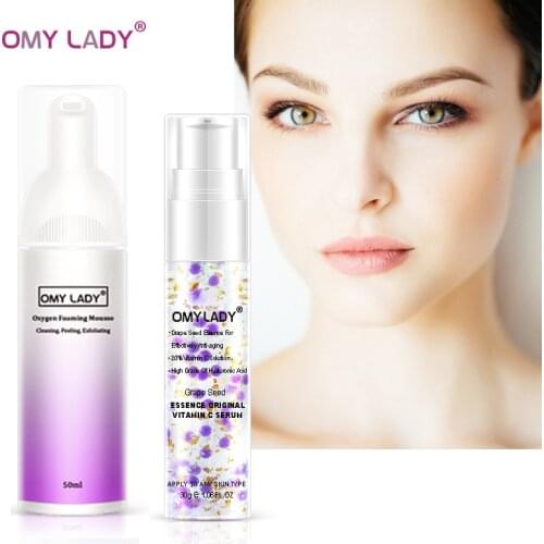 2PCS OMY LADY Foaming Mousse Exfoliate Cleanser +Grape Seed Essence Original Vitamin C Serum Deep Cleaning
