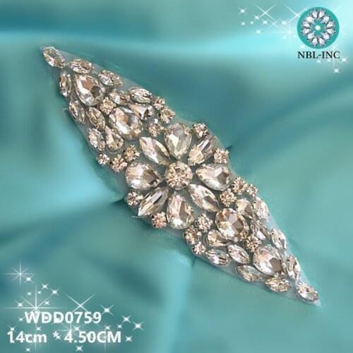 30PCS) Wholesale handmade beaded bridal silver clear crystal rhinestone applique for wedding dresses sash DIY iron on WDD0759