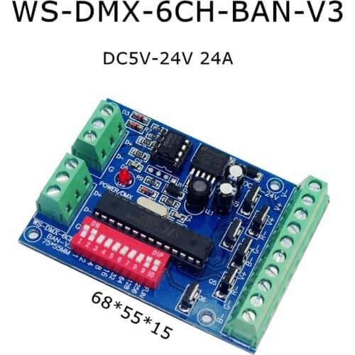 6 Channels 6CH Easy DMX Controller RGB LED DMX512 Dimmer LED Decoder DC5V-24V 24A for LED Strip Lights Lamp Bulb DMX-6CH-BAN-V3