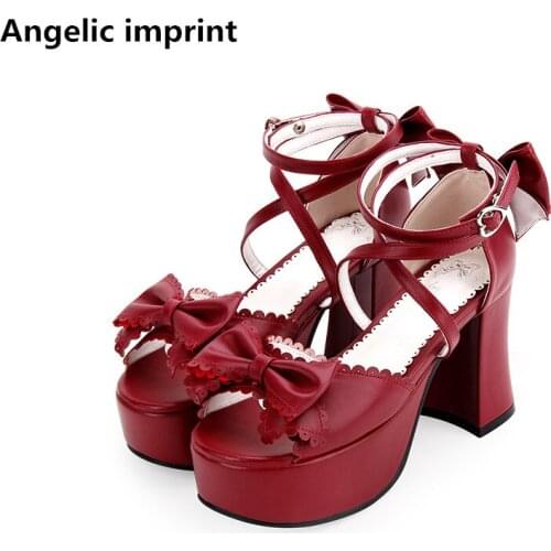 Angelic imprint woman mori girl lolita cosplay shoes lady high heels pumps women princess summer dress party sandals bows 9.5cm