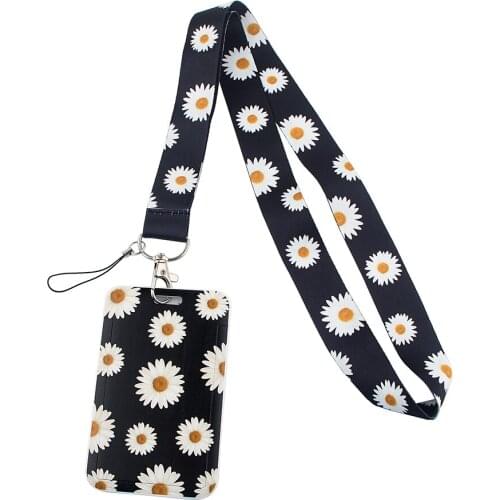 ER643 Little White Daisy Painting Art Lanyard Credit Card ID Holder Bag Student Travel Bank Bus Business Card Cover Badge