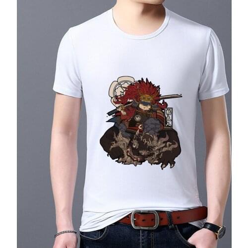 Mens T-shirt Fashion Round Neck Wild T-shirt Cartoon Comic Samurai Print Comfortable Breathable Short Sleeve Top Mens Clothing