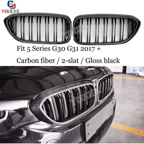 G30 2-Slat Carbon Fiber Front Bumper Grille For BMW 5 Series G30 G31 F90 M5 2017 + 530i 540i M550i Gloss Black Grills