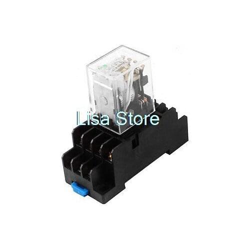HH54PL DC 12V Coil 4PDT 35mm DIN Rail Electromagnetic Power Relay w Socket Base