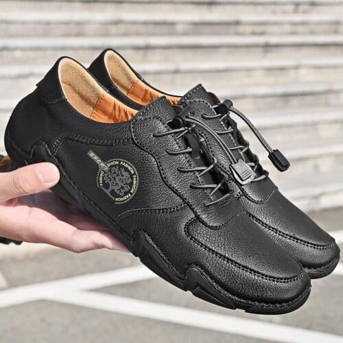 Mens Casual Shoes Split Leather Fashion Sneakers Comfortable Loafers Boat Footwear Large Size Lace-up Formal Dress Shoes
