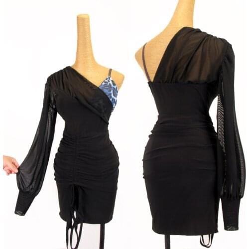 New Latin Dance Costumes Female Sexy Blue Leopard Sling Dress One-Long Sleeve Gauze Dress Samba Tango Practice Clothing DQL6004