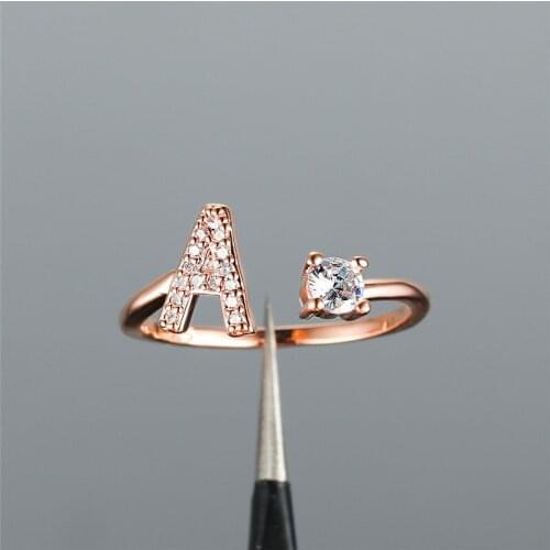 Charm Female A-Z Letter Adjustable Ring Dainty Silver Color Engagement Ring Cute White Round Crystal Wedding Rings For Women