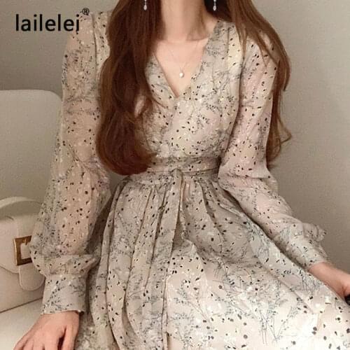 Flower Long Sleeve Chiffon Dress V-neck Bandage A Line Women Madi Boho Spring Korean Style Elegant Sukienki Ropa Mujer 2021 New