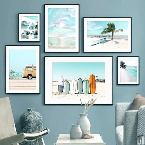 Beach Surfboard Bus Palm Tree Tropical Seascape Wall Art Canvas Painting Nordic Posters And Prints Wall Pictures For Living Room