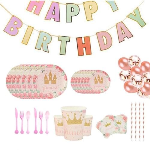 Pink Princess Crown Disposable Tableware Set Paper Plate Cup Happy Birthday Banner for Adult Kids Girl Birthday Party Decoration