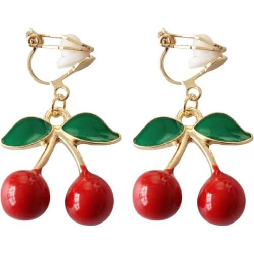 Ribbon Bowknot Earring Jewelry Red Crystal Cherry Earrings No Ear Hole Cute Cherries Fruit Pendant Clip Earrings For Women Lady