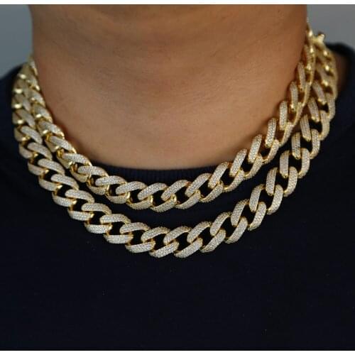 Iced Out Rhinestones cz 15MM Gold silver color Full Miami Curb Cuban Chain CZ Bling Rapper Necklaces For Men Hip Hop Jewelry