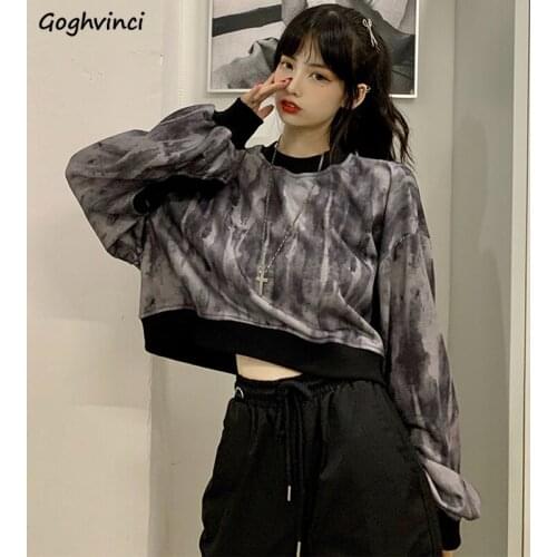 Hoodies Women Crop Top Printed Full Sleeve O -neck Loose Grey Harajuku Trendy Leisure All-match Ulzzang Spring Cool Girl Hip Hop