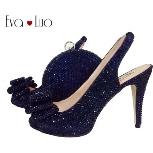 BS945 Custom Handmade Navy Blue Crystal Bow Slingbacks Shoes with Matching Bag High Heels Women Shoes Bridal wedding Shoes