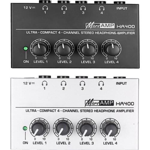 Ultra-Compact Audio Stereo Headphone Amplifier With Power Adapter Black Mini HA400 4 Channels Headphone Amp