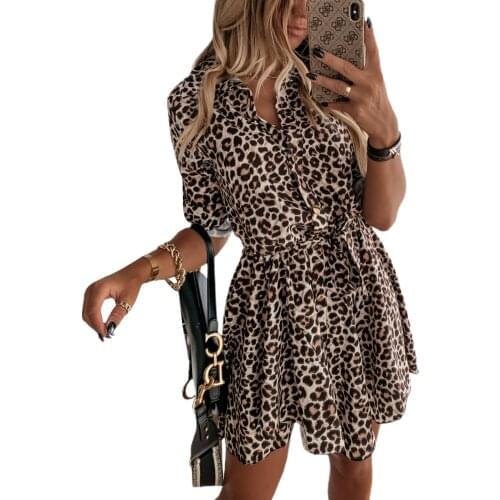 Women Leopard Print Shirt Mini Dress Sexy Long Sleeve High Waist Button Female Fashion Party Clue Short Dresses New