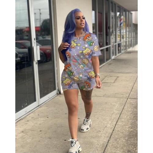 VAZN 2020 Women Floral Print Slim Outfit Tracksuit Two Pieces Set Cartoon Print High elastic Skinny Female Sportwear