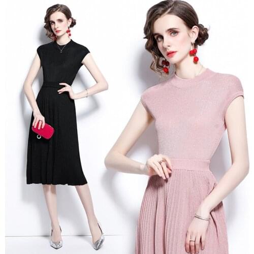 Women Summer Elegant Vintage Casual Party Two Piece Sets Sexy Female Loose Knitting Sleeveless Tops + Fashion Pleated Skirt Set