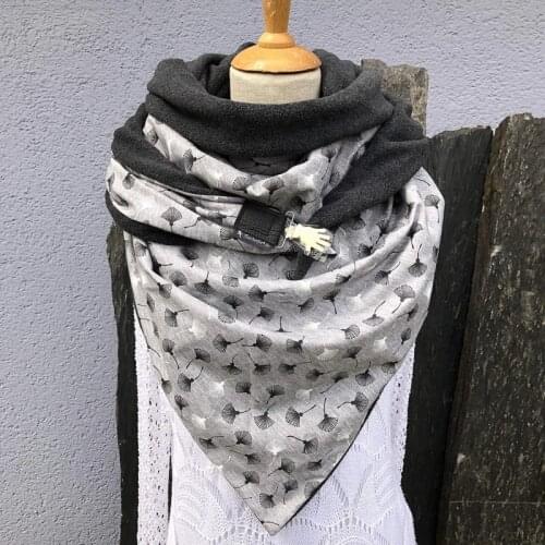 Women Winter Thicken Warm Scarf with Button Clip Vintage Floral Plaid Feather Printing Soft Wrap Bib Windproof Shawl