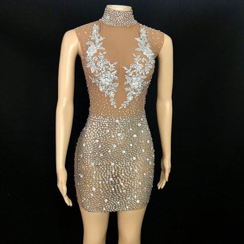 Flashing Silver Rhinestone Transparent Dress Prom Women Dance Evening Outfit Birthday Celebrate Sexy Nude Short Dress