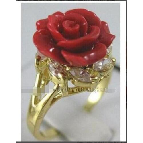 Women Gift word Love Coral Gems RINGS real latest design Nobility Lucky Rose red Coral Yellow Crystal Ring